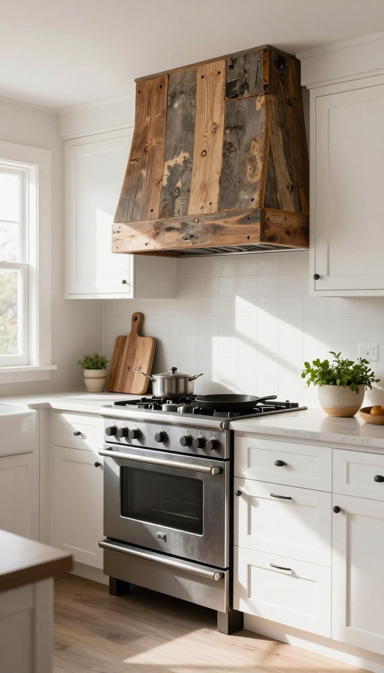 Modern farmhouse kitchen with a reclaimed wood accent wall behind the stove, adding rustic character and warmth.