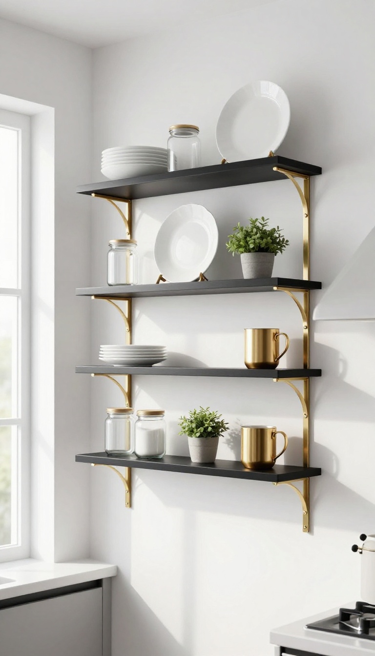 Open shelving with black shelves and gold brackets in a bright small kitchen, styled with white dishes and a plant.