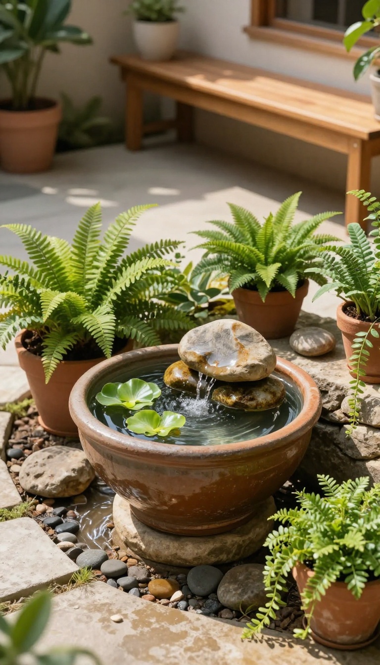 Small patio garden with a ceramic container water fountain surrounded by potted plants and a cozy seating area.
