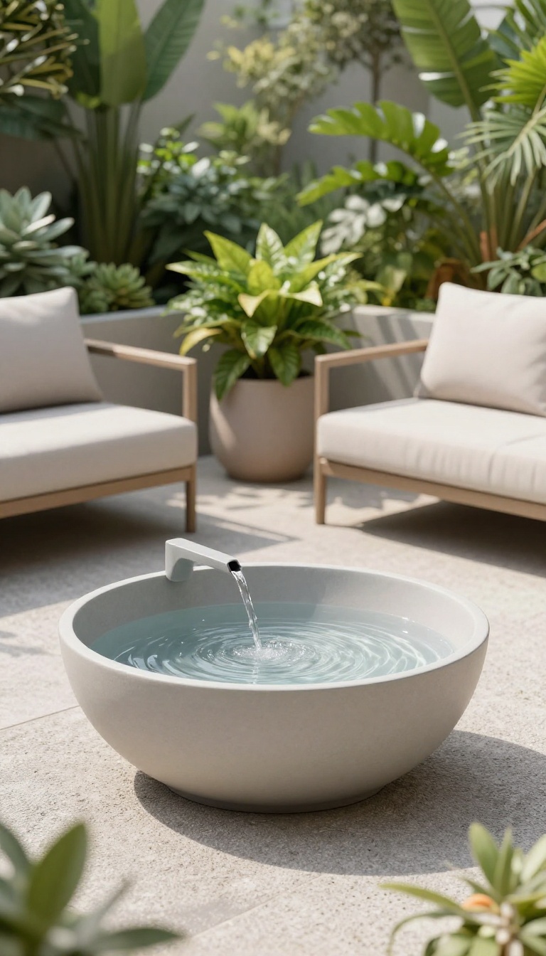 A gravel patio with a modern water feature, surrounded by potted plants and comfortable outdoor furniture, in bright natural light.