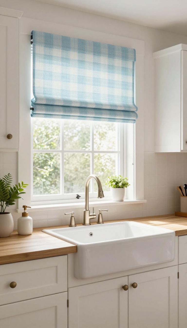 DIY fabric-covered roller blind above a kitchen sink in a bright, modern kitchen