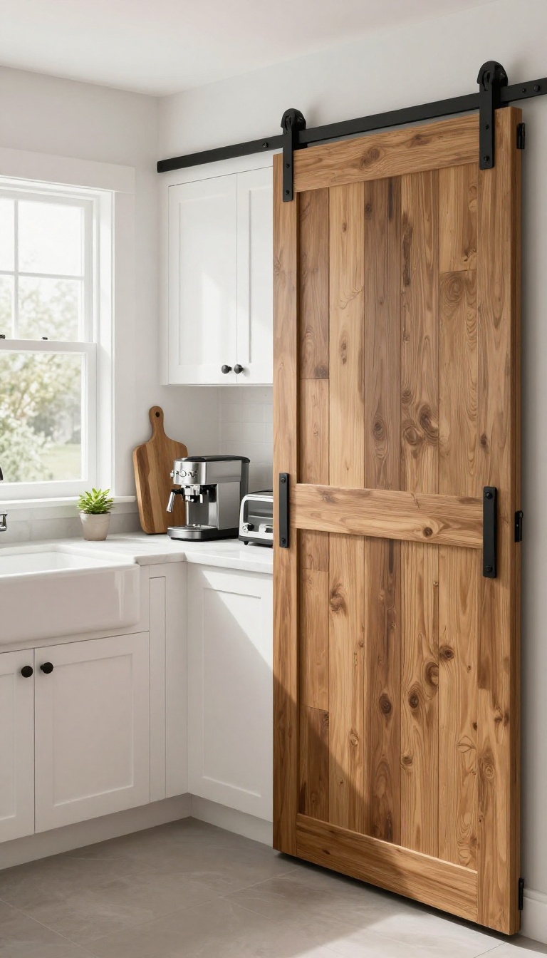Modern farmhouse kitchen with a hidden appliance garage featuring a reclaimed wood barn door, partially open to show a coffee maker and toaster, styled with white cabinets and marble countertops.