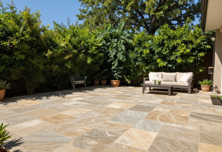 Flagstone patio with natural stone and outdoor furniture in a sunny backyard