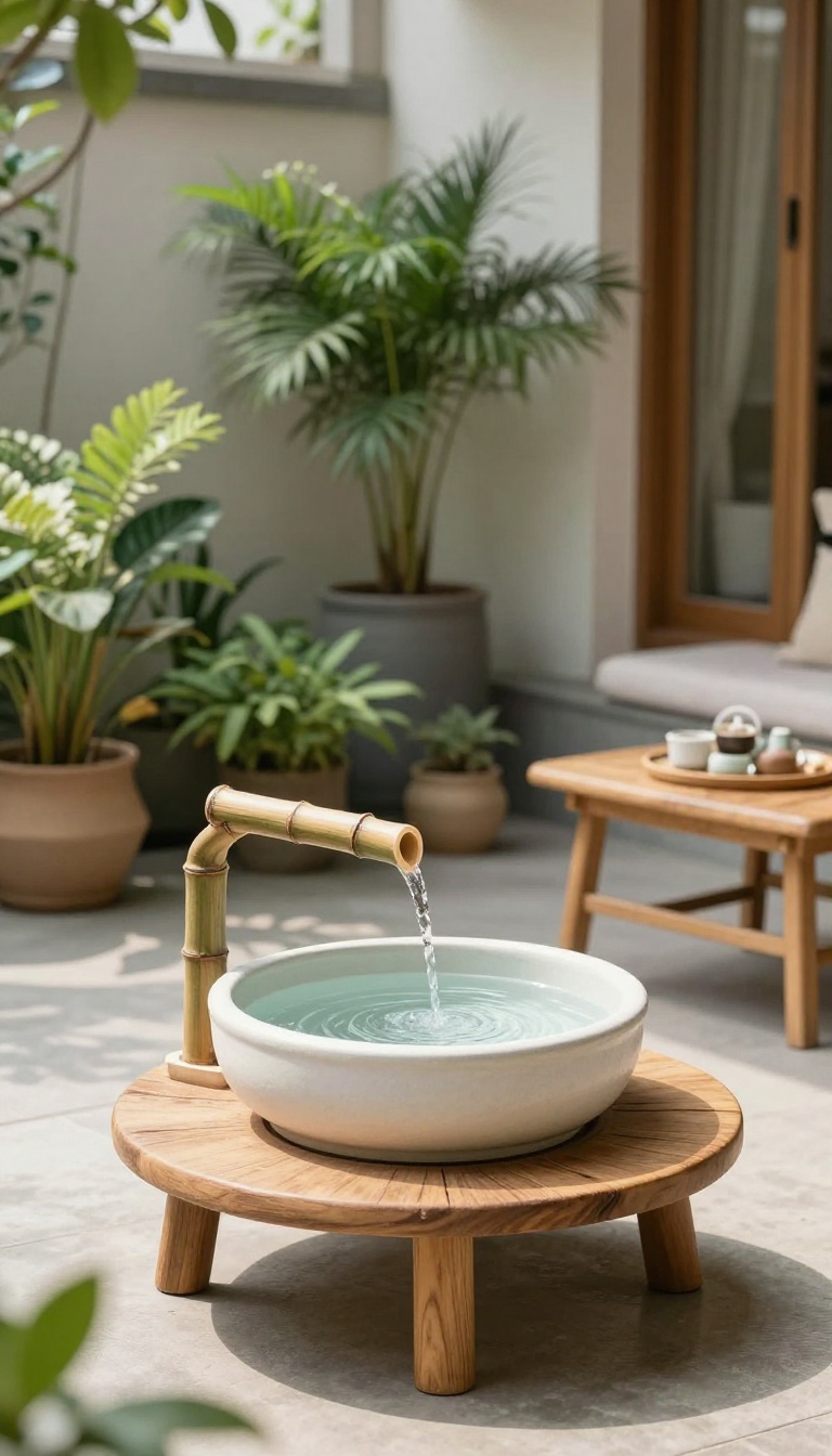 A small apartment patio with a ceramic tabletop fountain on a side table, surrounded by potted plants and a bistro set.