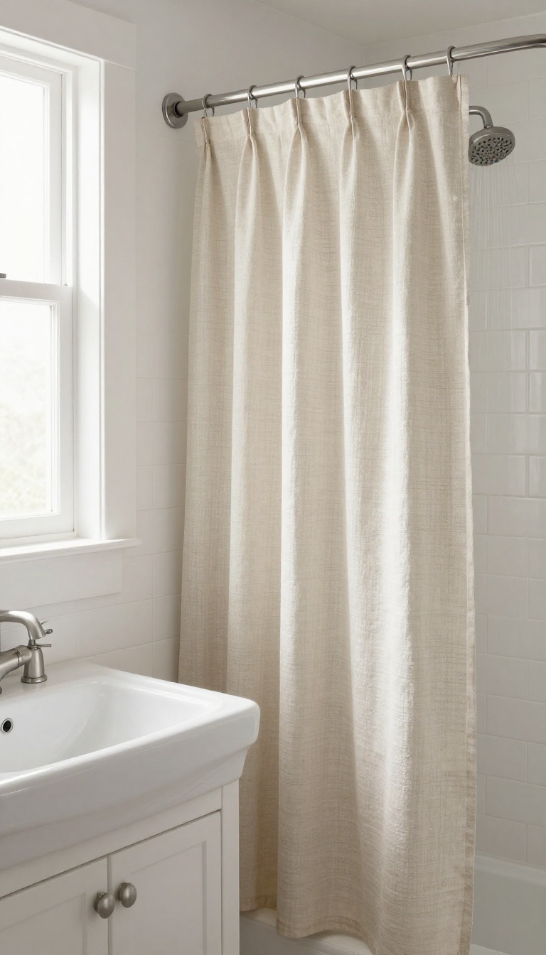 Farmhouse sink and shower combo in a small rustic bathroom with linen curtain and natural light.