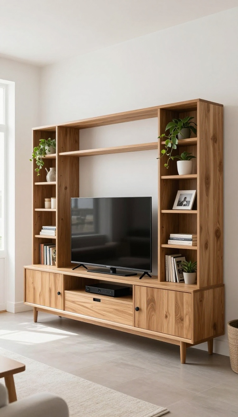 Modular entertainment center with open and closed shelving in a bright living room