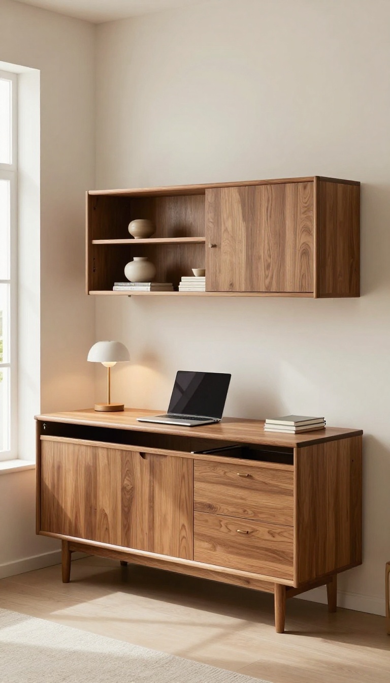 Modern kitchen sideboard with fold-down desk area open, styled with laptop and office supplies