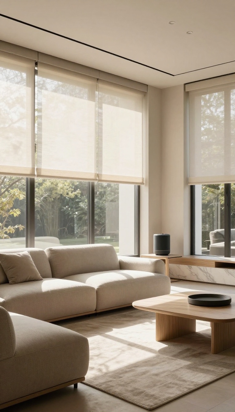 Modern luxury living room with motorized shades and hidden smart technology