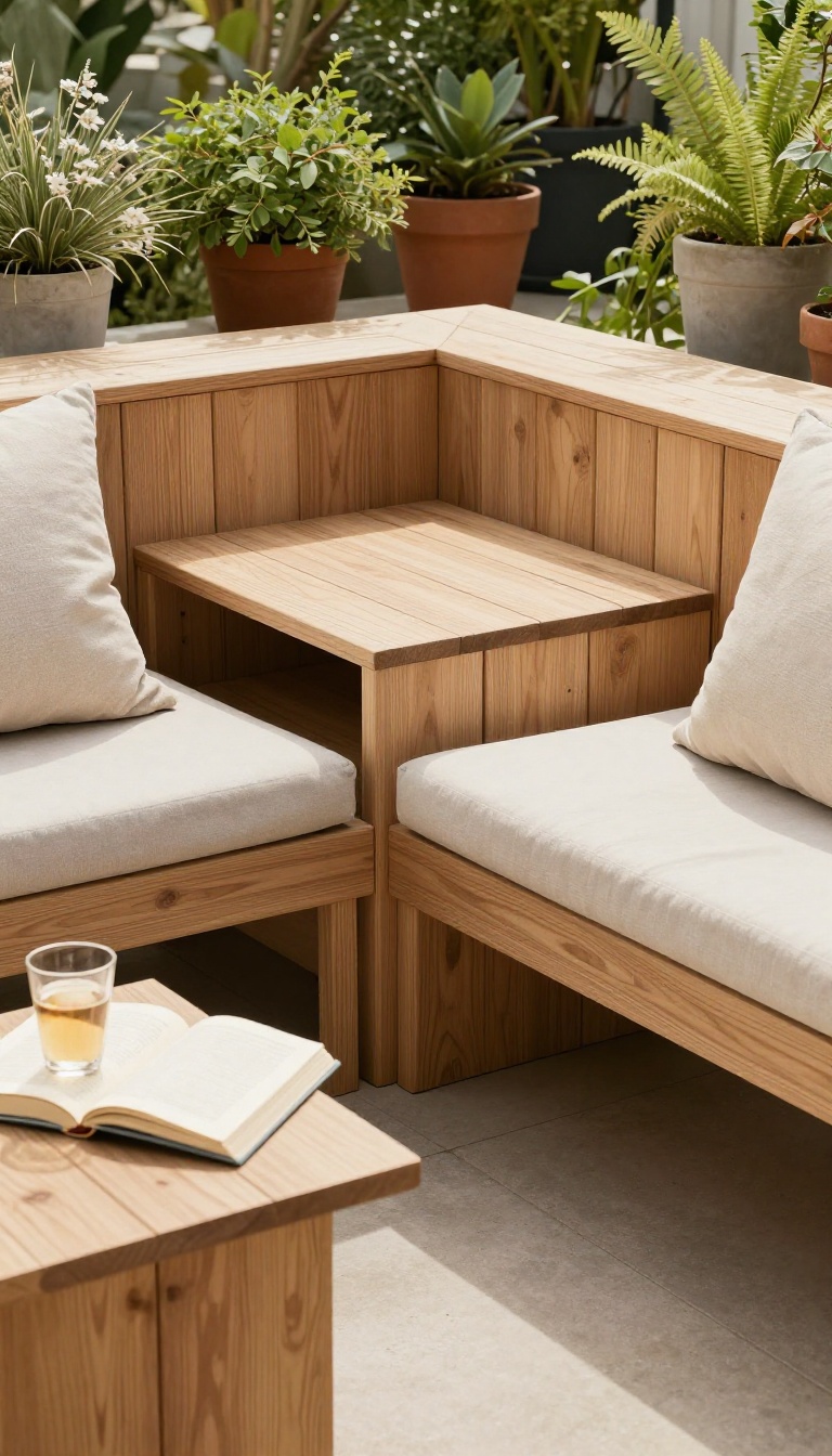 Built-in corner bench with hidden storage on a cozy patio, styled with cushions and plants