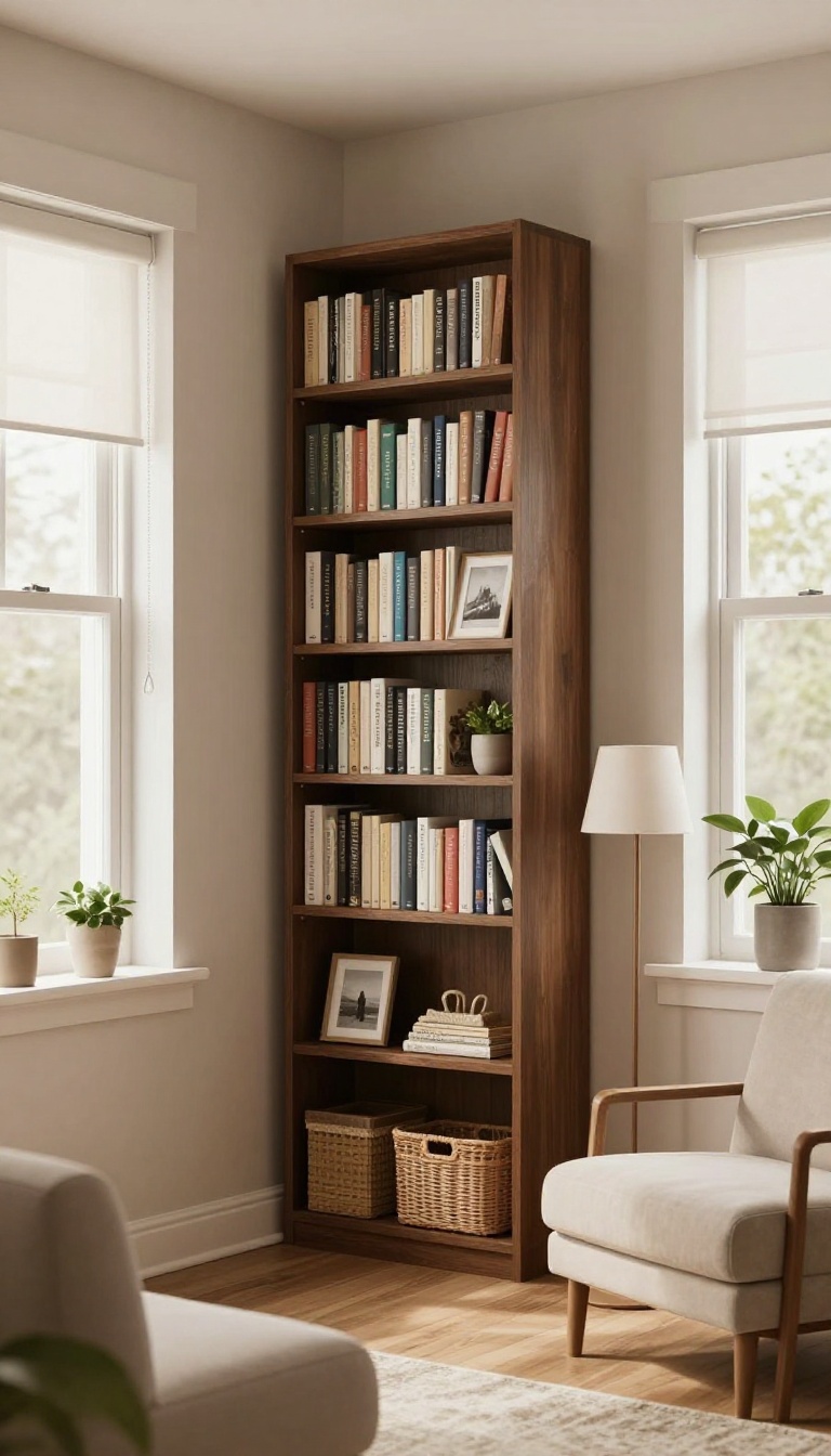 Tall bookshelf in a college living room with books, plants, and decor, maximizing vertical storage and adding style.