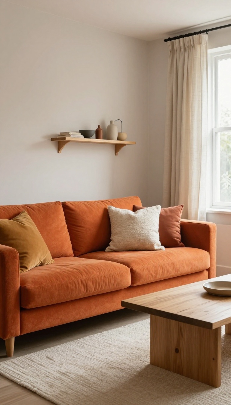 Orange couch in a neutral living room with textured pillows, wooden coffee table, wool rug, and linen curtains