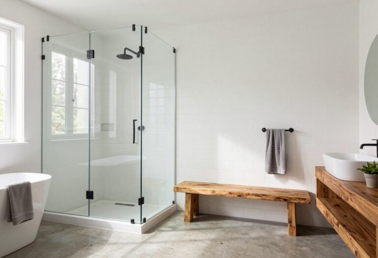 Modern farmhouse shower with white tile, black fixtures, and wood accents