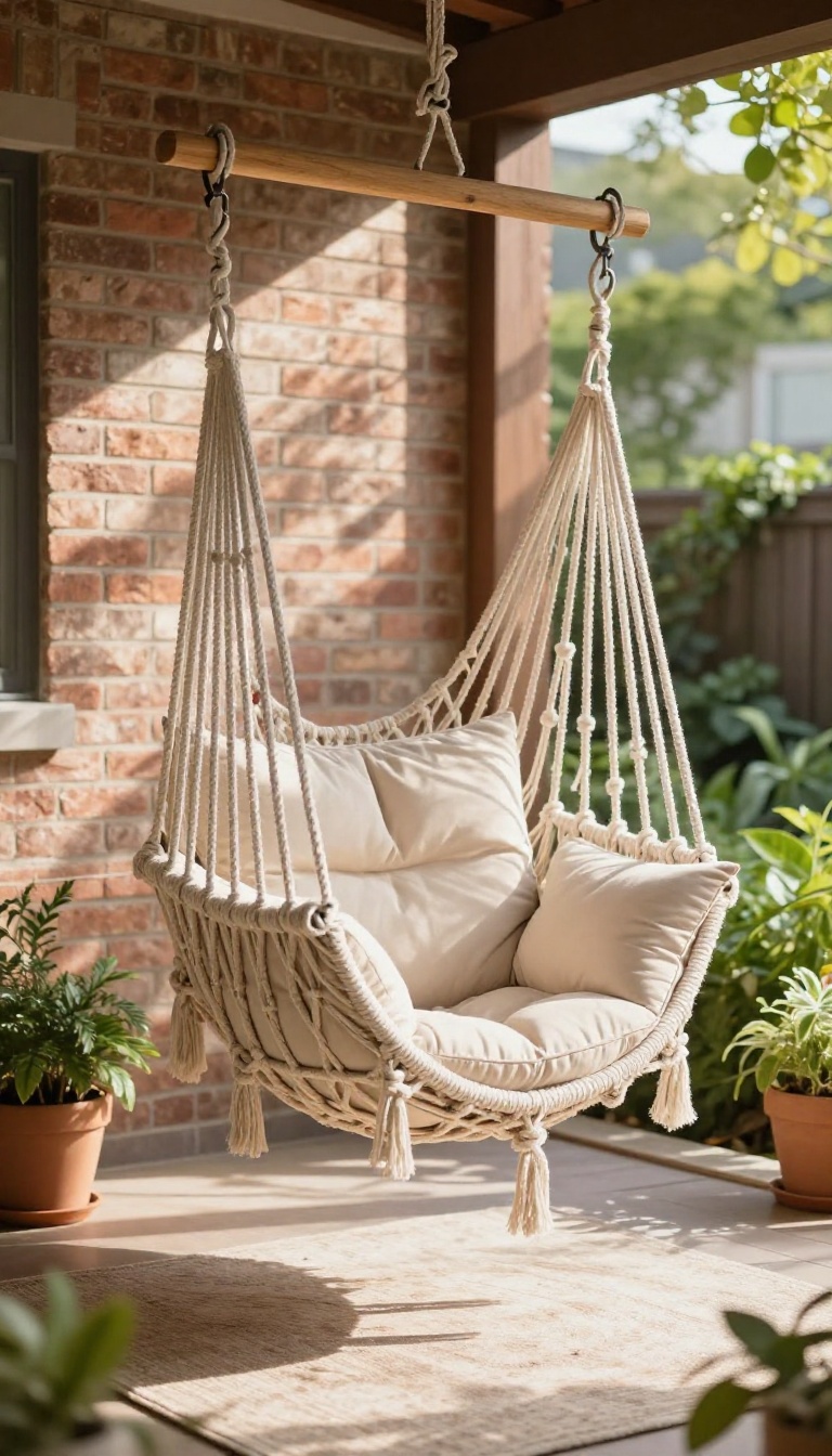 A small townhouse patio with a hanging hammock chair in the corner, surrounded by plants and soft sunlight.