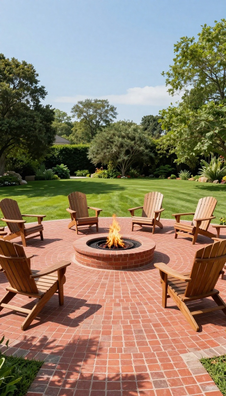 Circular brick patio with a fire pit and chairs in a sunny backyard