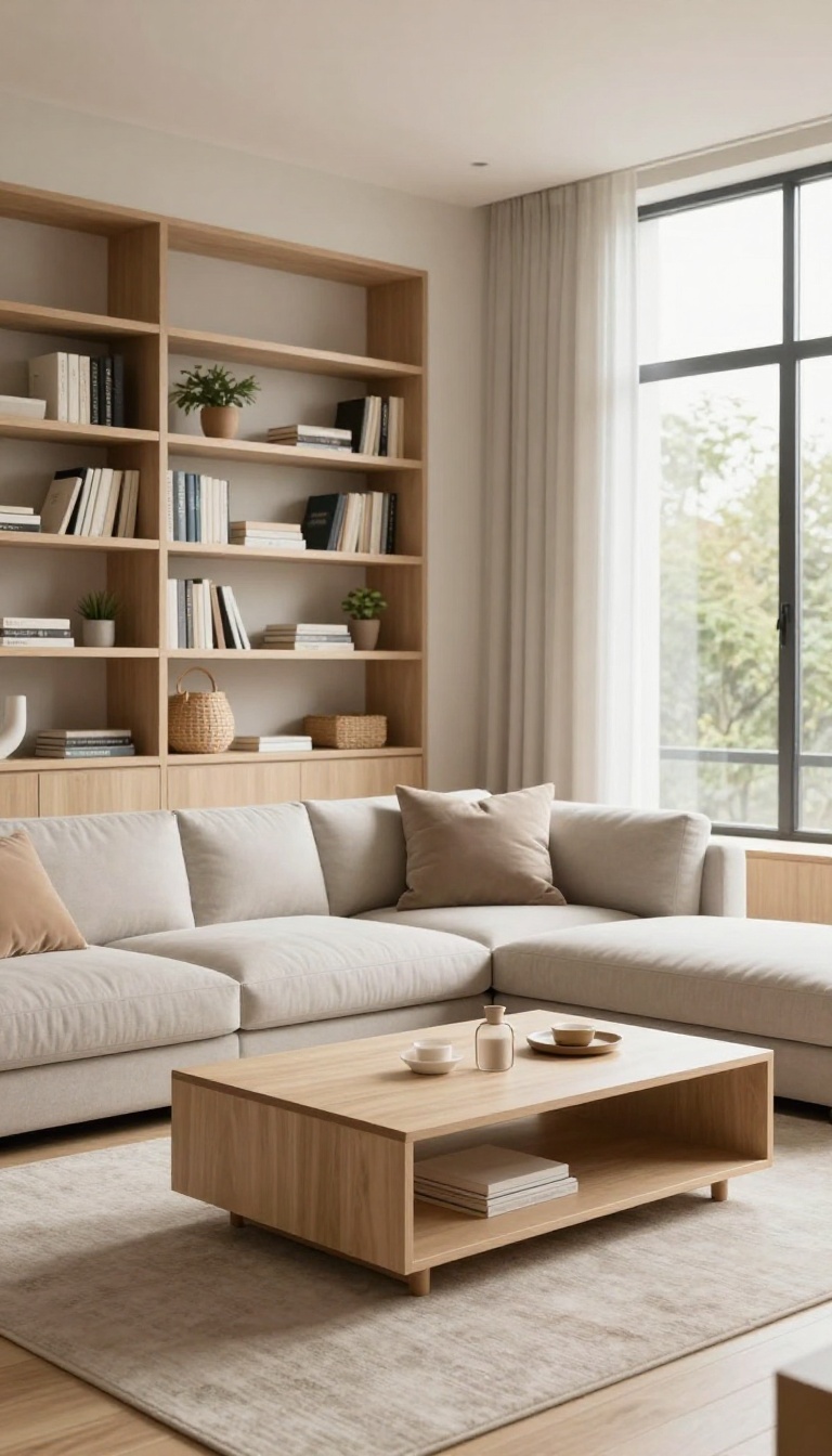 Modern living room with smart storage solutions, including a storage ottoman, coffee table with drawers, built-in shelves, and woven baskets.