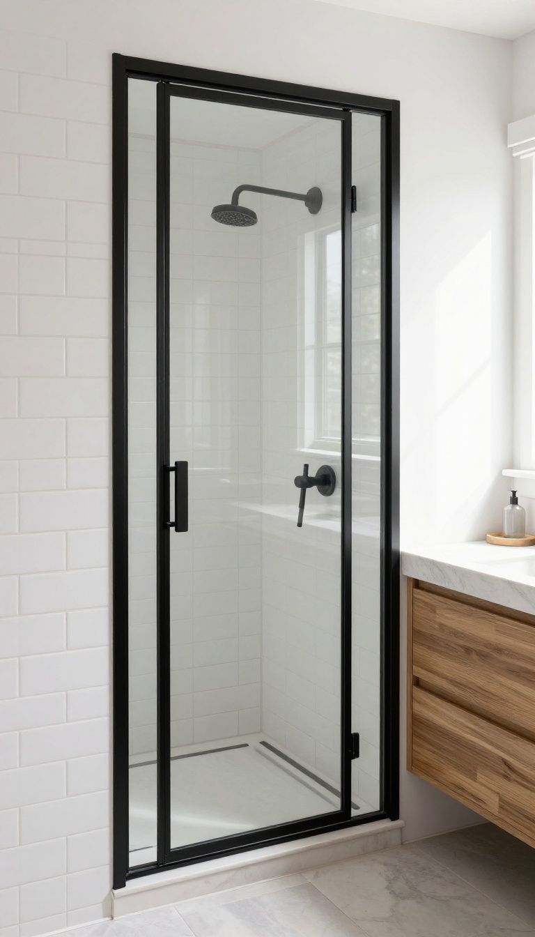 Modern farmhouse bathroom with a black-framed glass shower door, white subway tile, and wood vanity.