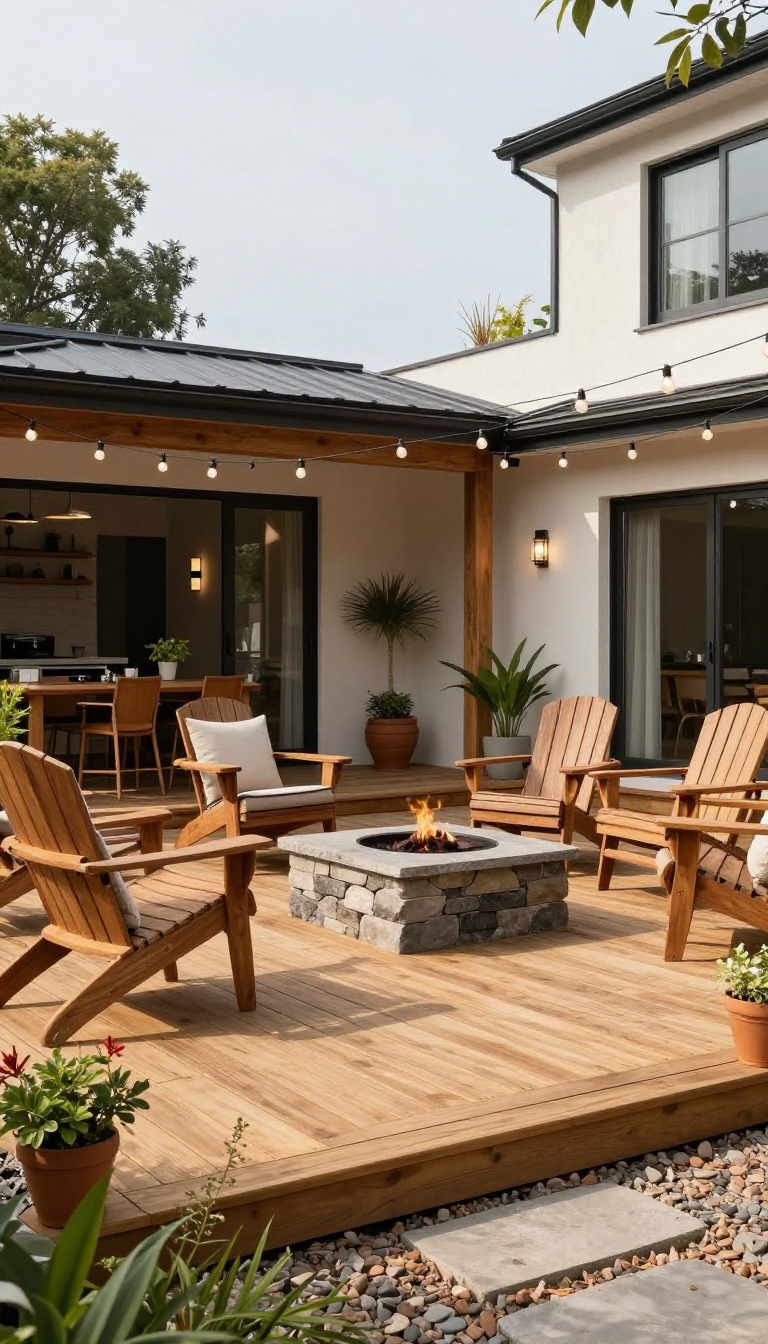 L-shaped deck with corner patio featuring dining area above and cozy fire pit seating below
