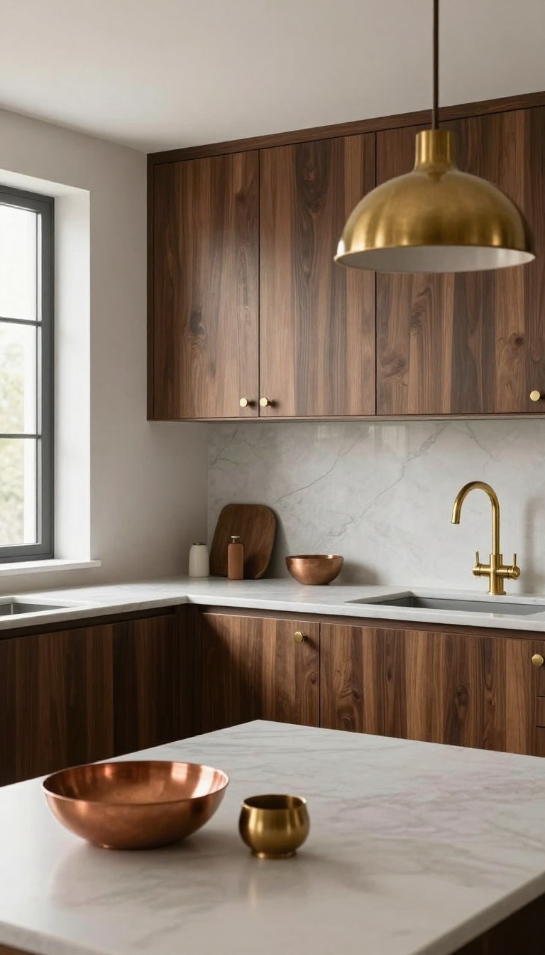 Dark wood kitchen with warm brass hardware and fixtures, featuring brass cabinet pulls, a brass faucet, and a copper bowl on the counter, bathed in natural light.