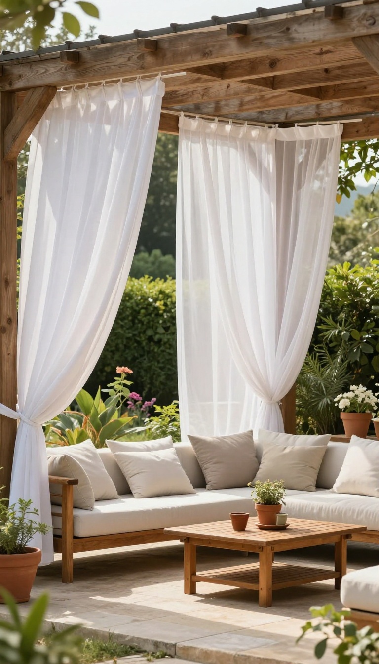 Pergola with outdoor curtains providing shade and privacy in a backyard patio setting.