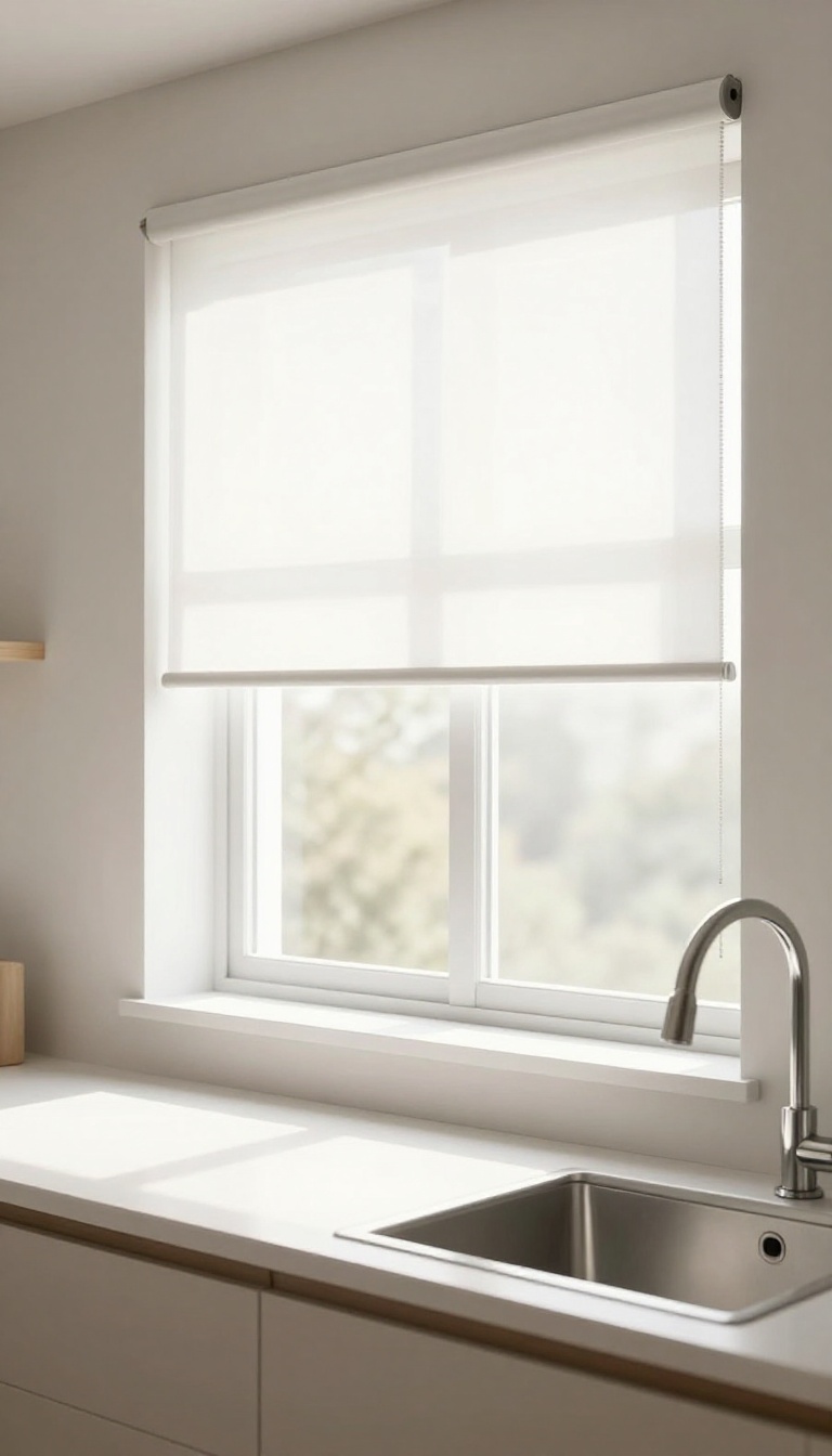 Cordless white roller blinds in a bright modern kitchen, rolled up halfway, no cords visible, clean and streamlined.