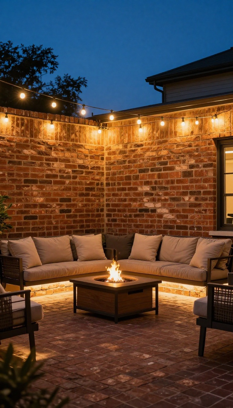 Brick patio with warm string lights and path lighting at dusk, creating a cozy evening retreat.