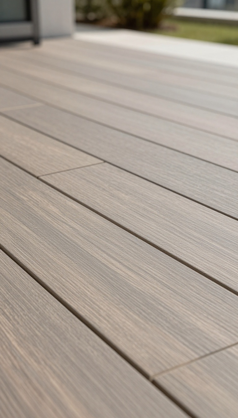 Close-up of interlocking wood-look deck tiles on a covered patio floor