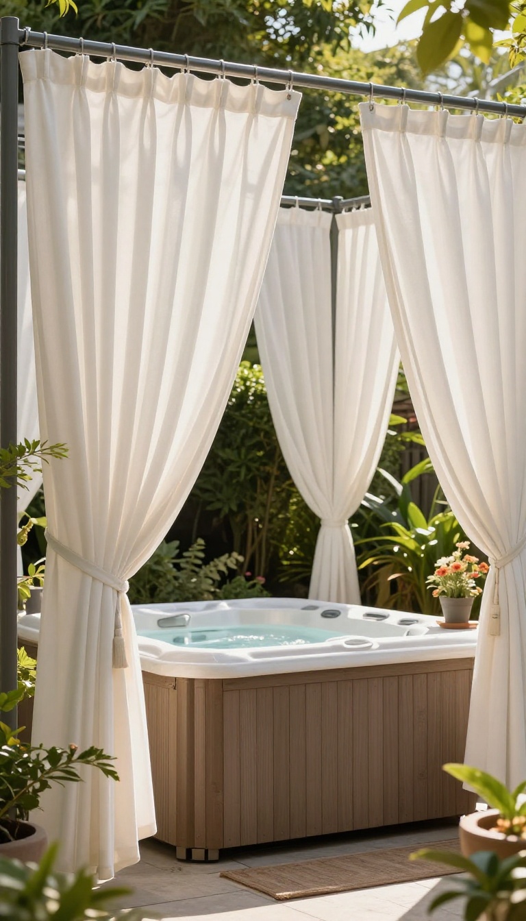 Outdoor curtains enclosing a hot tub on a cozy patio with plants and warm sunlight