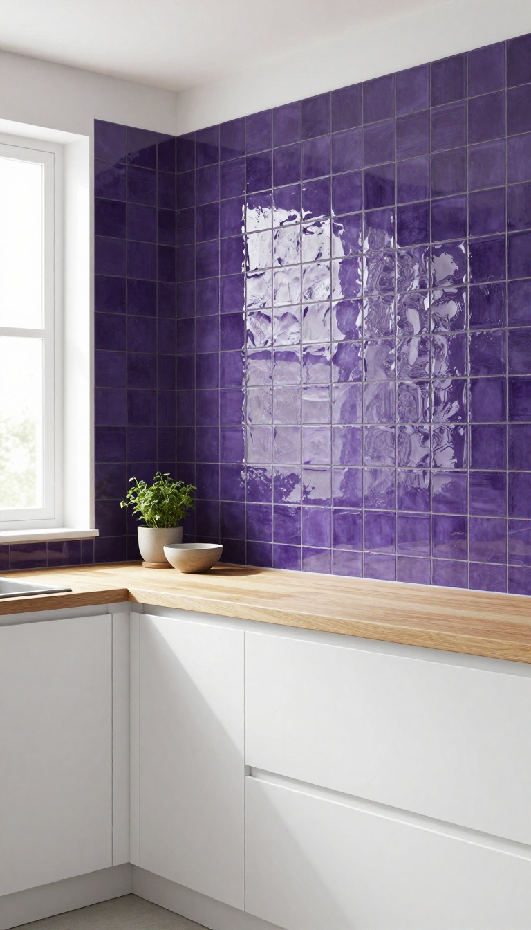 A bright kitchen with white cabinets and a glossy purple herringbone tile backsplash, adding a bold pop of color.