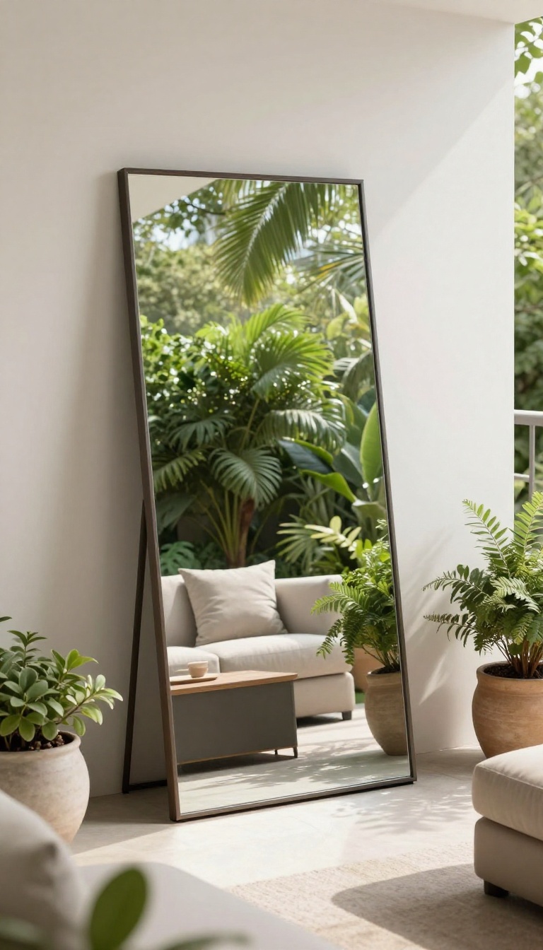 Outdoor patio with a large mirror reflecting greenery to create depth in a small space