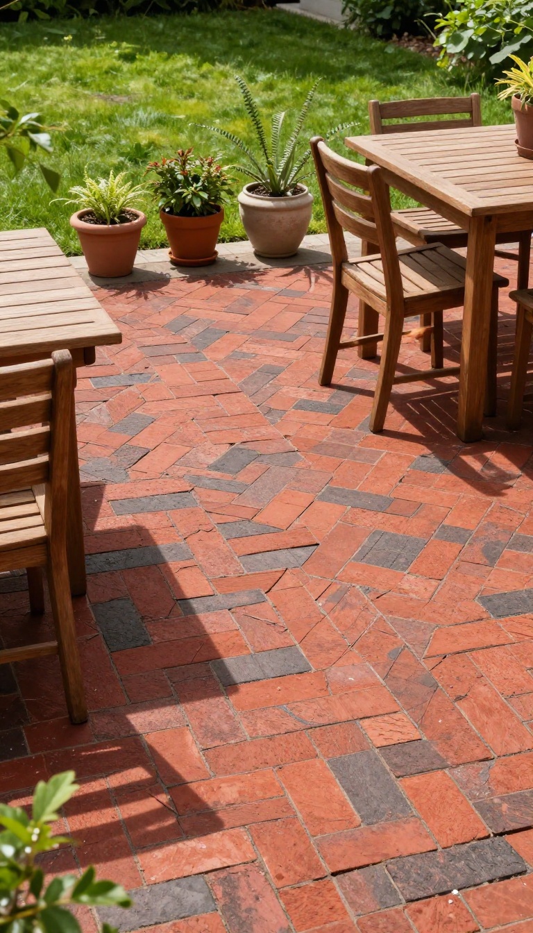 Two-tone brick patio with red and charcoal herringbone pattern, bordered by darker bricks, in a sunny backyard with seating area.