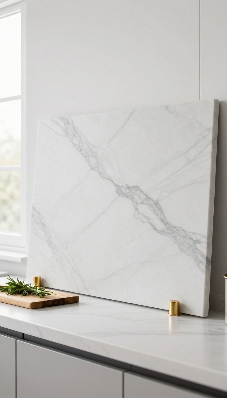 Modern kitchen with large-format marble slab backsplash, seamless and elegant