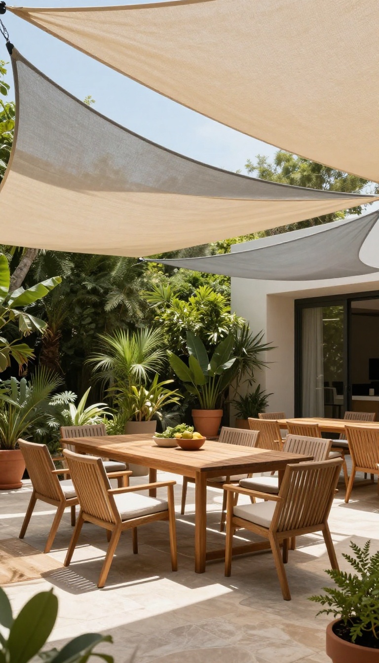 Modern patio with overlapping beige and gray shade sails providing stylish shade over a wooden dining set.