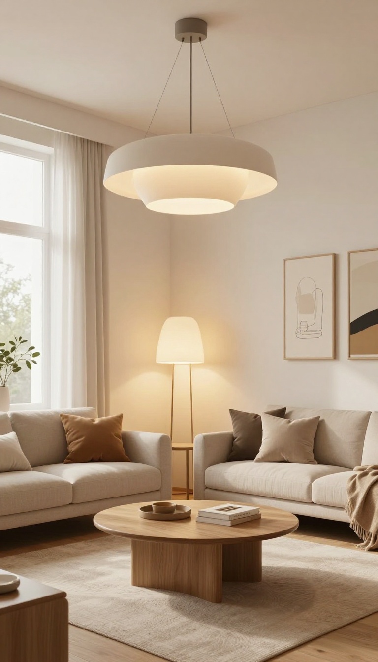 Modern Bloxburg living room with layered lighting from ceiling light, floor lamp, and wall sconces creating a warm, polished ambiance.