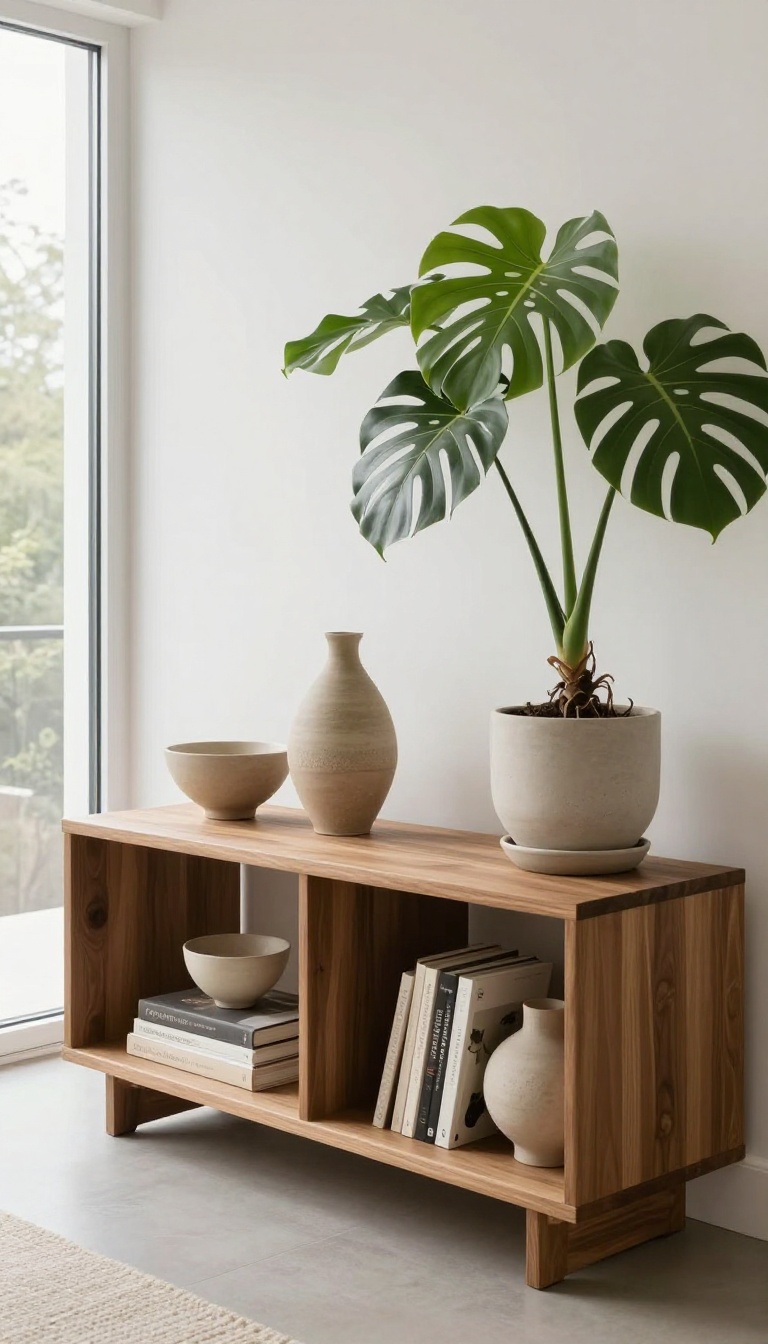 Modern luxury living room with curated accessories and a monstera plant on a console table