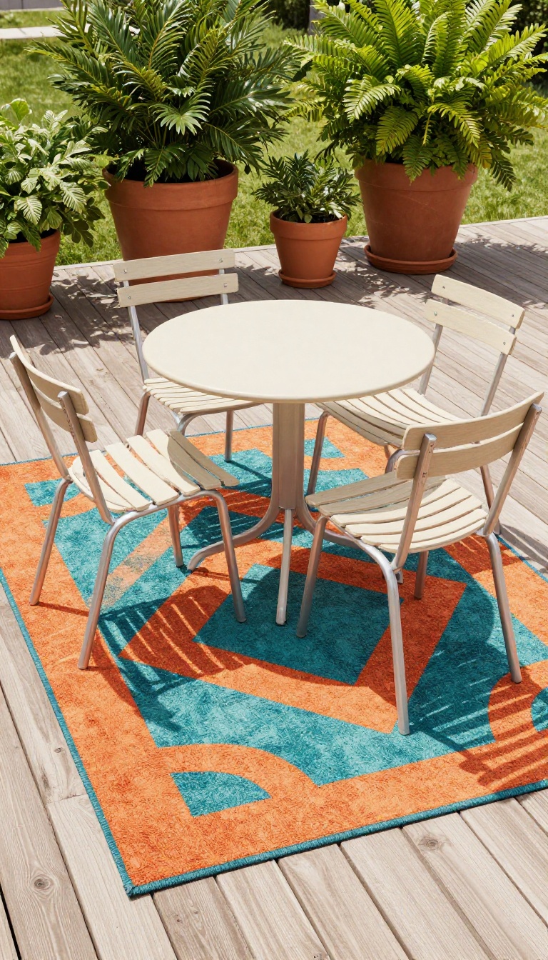 Outdoor patio with a colorful geometric rug under a bistro table and chairs, surrounded by potted plants, in bright natural light.