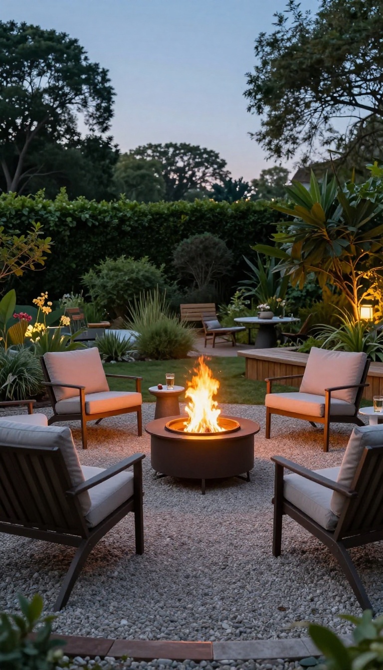 Cozy gravel patio with a fire pit and seating area at dusk