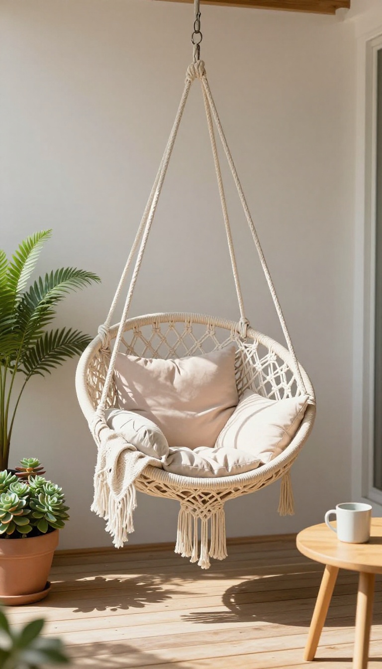 Small patio with a macrame hanging chair under a pergola, surrounded by plants and a bistro table.