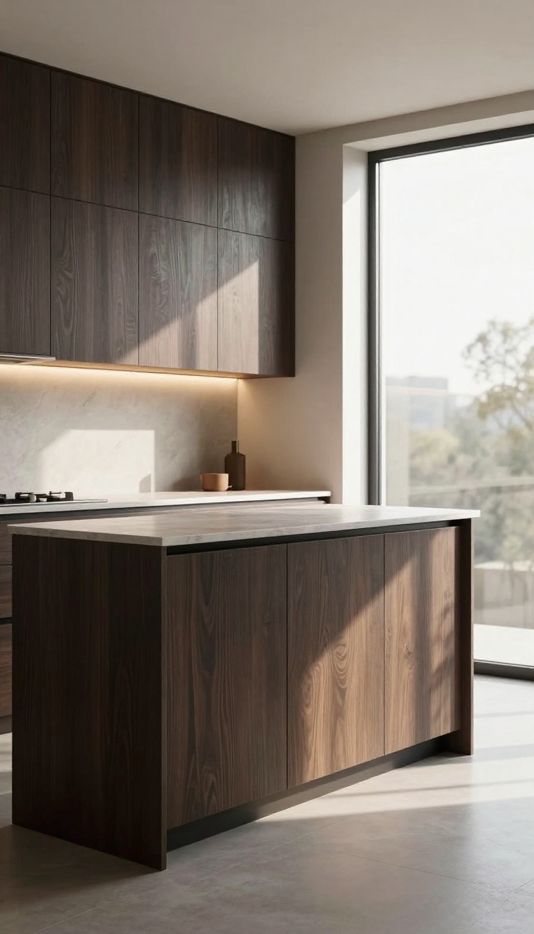 Dark wood kitchen with under-cabinet lighting illuminating the countertop