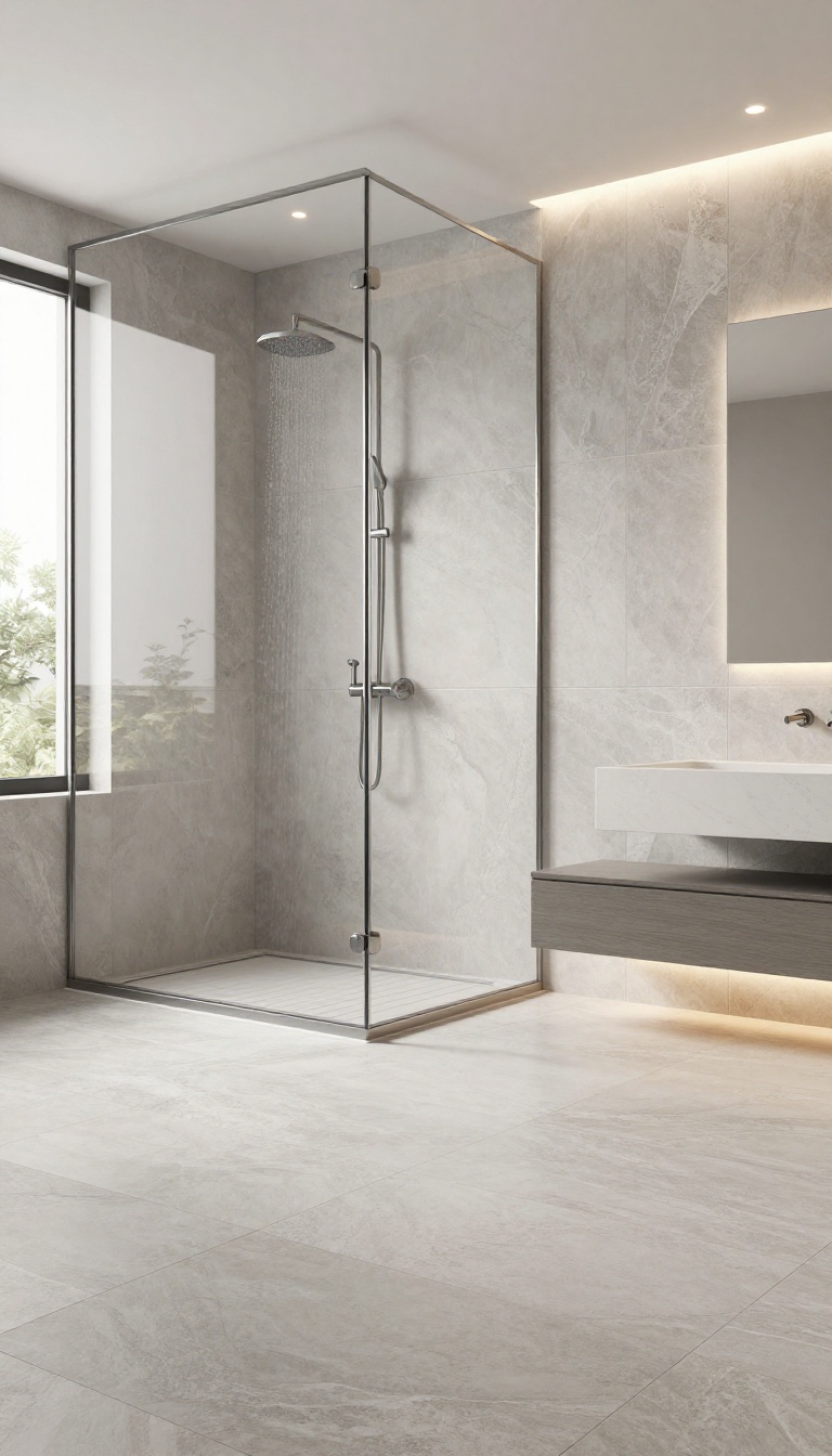 Bright basement shower with light gray porcelain tiles and frameless glass door