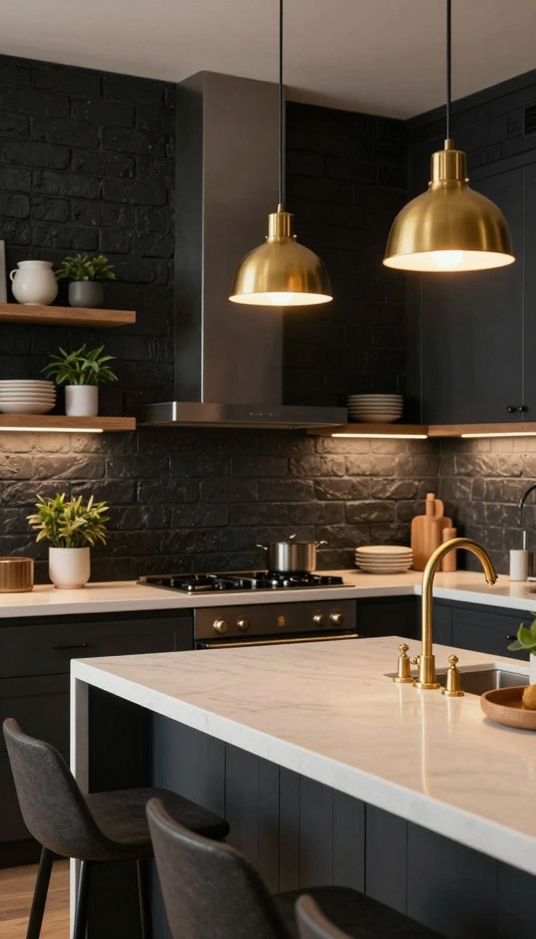 Cozy kitchen with dark charcoal brick wall, brass fixtures, and warm lighting