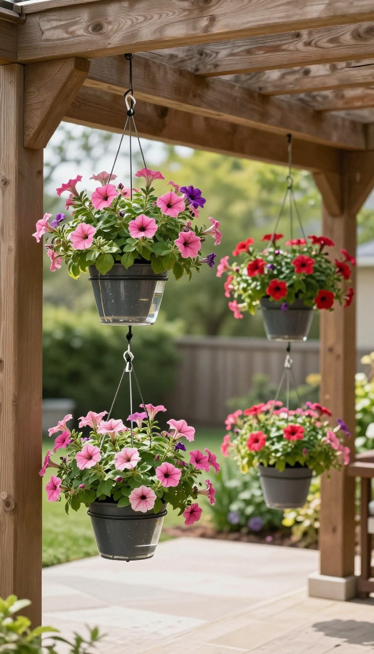 Self-watering hanging baskets with colorful petunias and fuchsias on a sunny patio