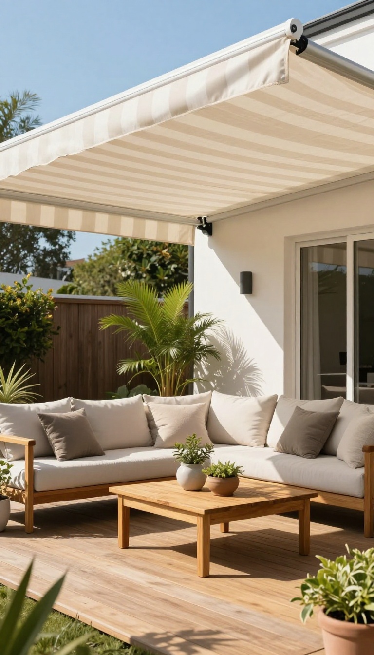 Modern patio with a retractable awning providing flexible shade