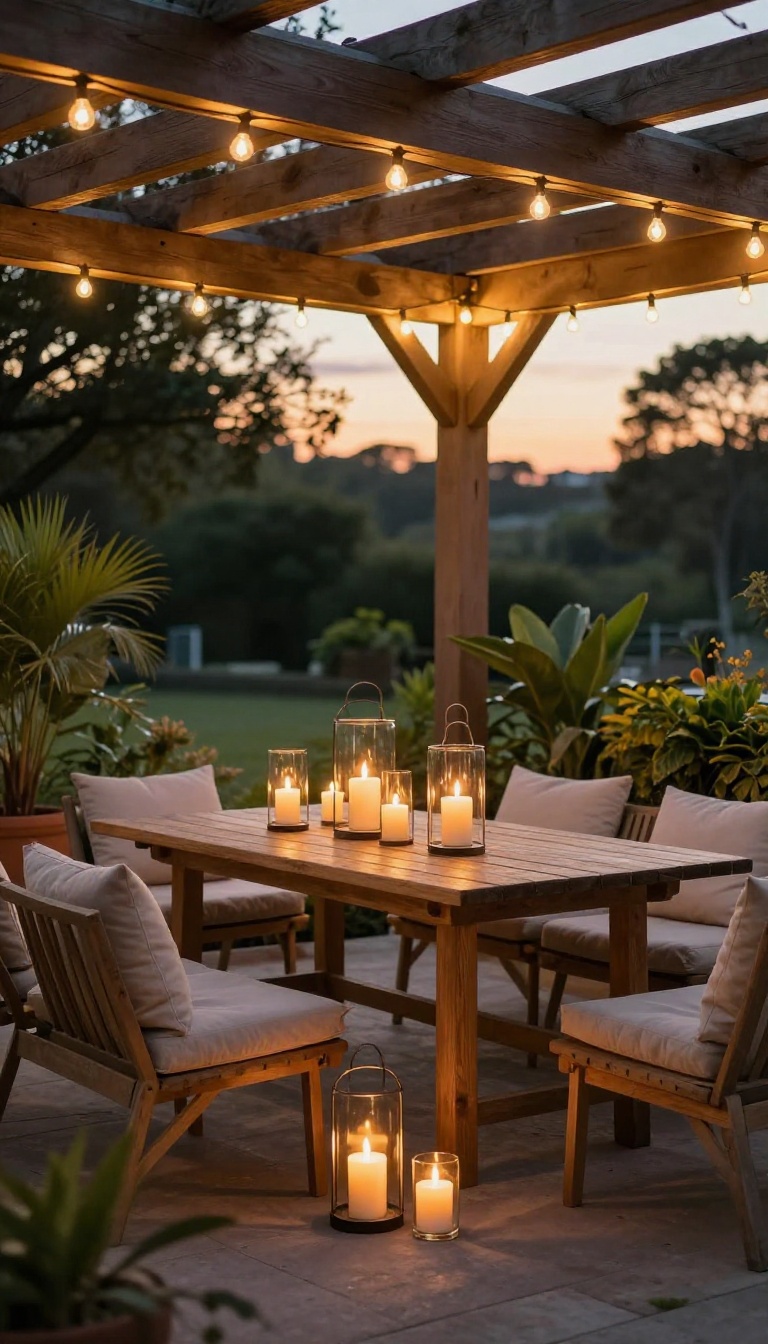 Patio with layered warm lighting including string lights, lanterns, and candles at dusk