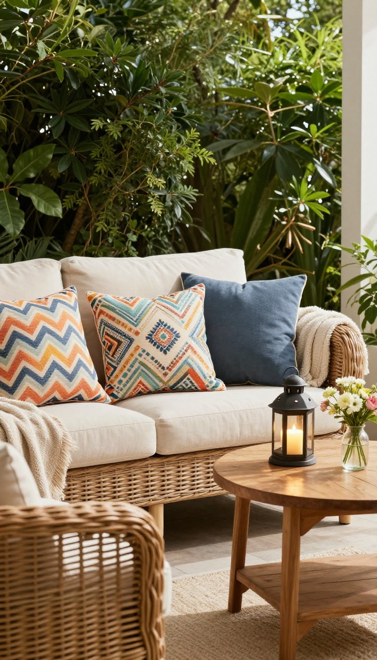 Outdoor patio with colorful pillows, throws, lanterns, and decor in natural light