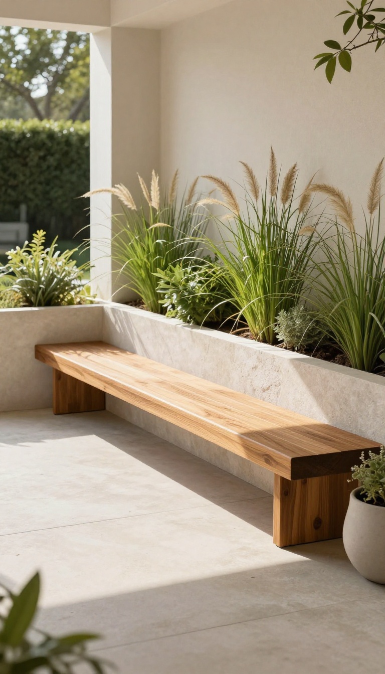 Built-in patio bench with integrated planter box filled with greenery, defining the space and adding natural texture.