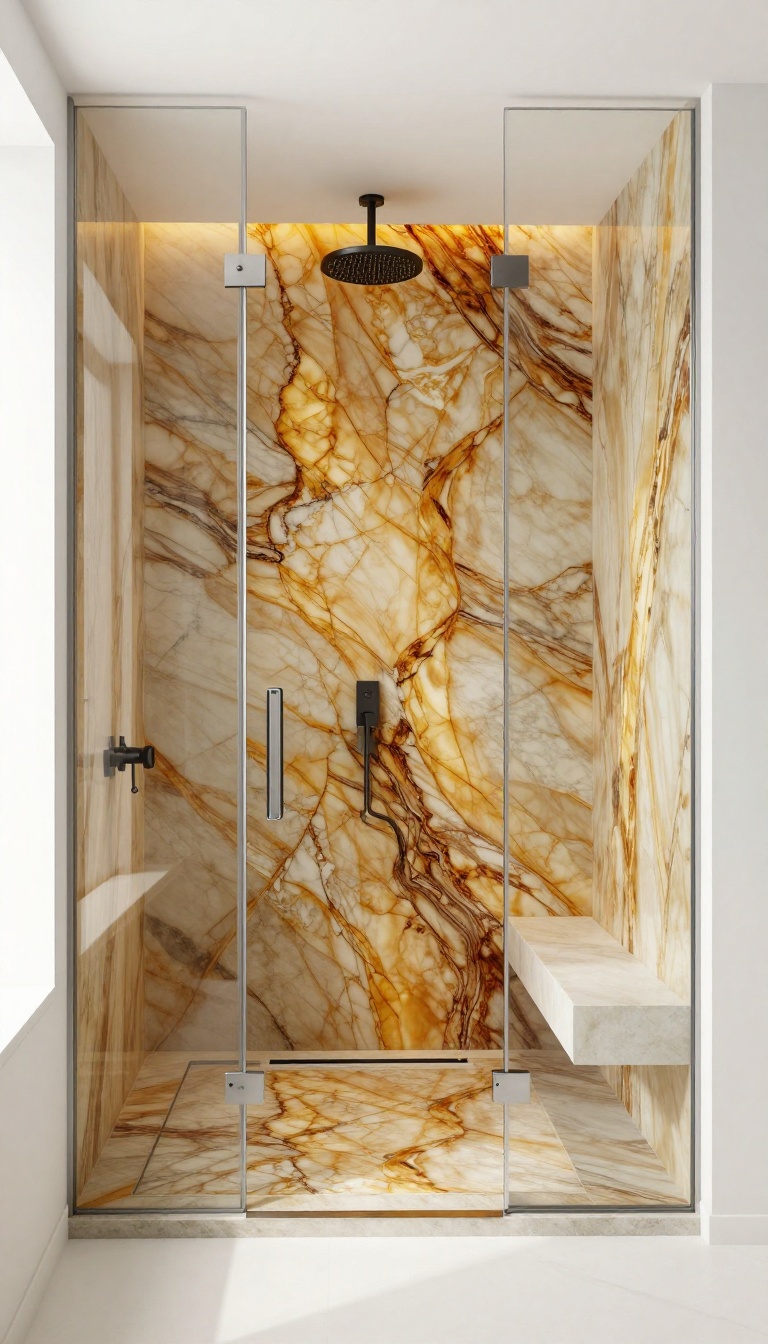 Frameless glass enclosure showcasing a backlit onyx walk-in shower with rich amber tones and clean modern fixtures.