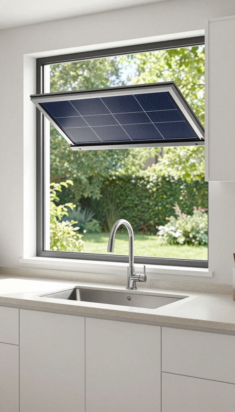 Modern kitchen sink with solar shades above, showing a clear view of the backyard through the window.