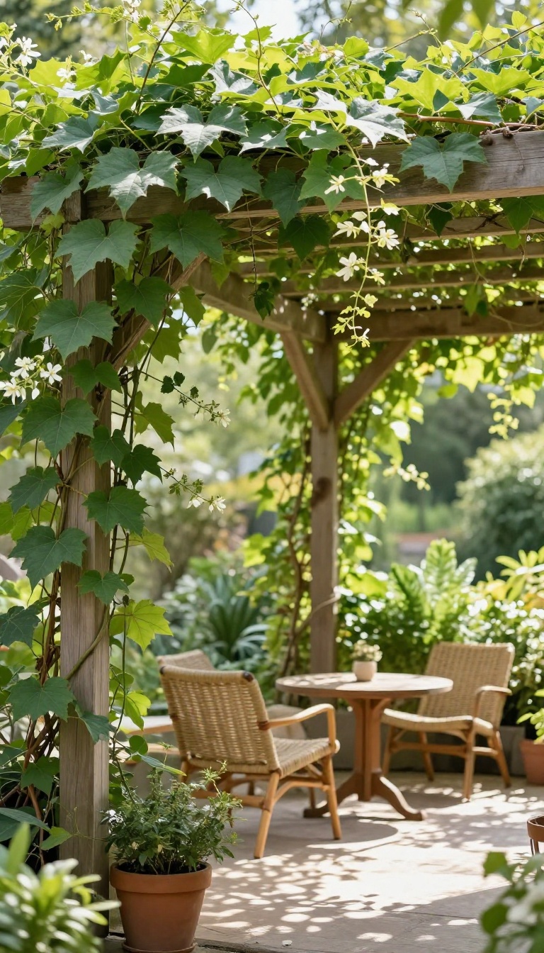 A patio shaded by a trellis covered in climbing vines with dappled sunlight and outdoor seating.