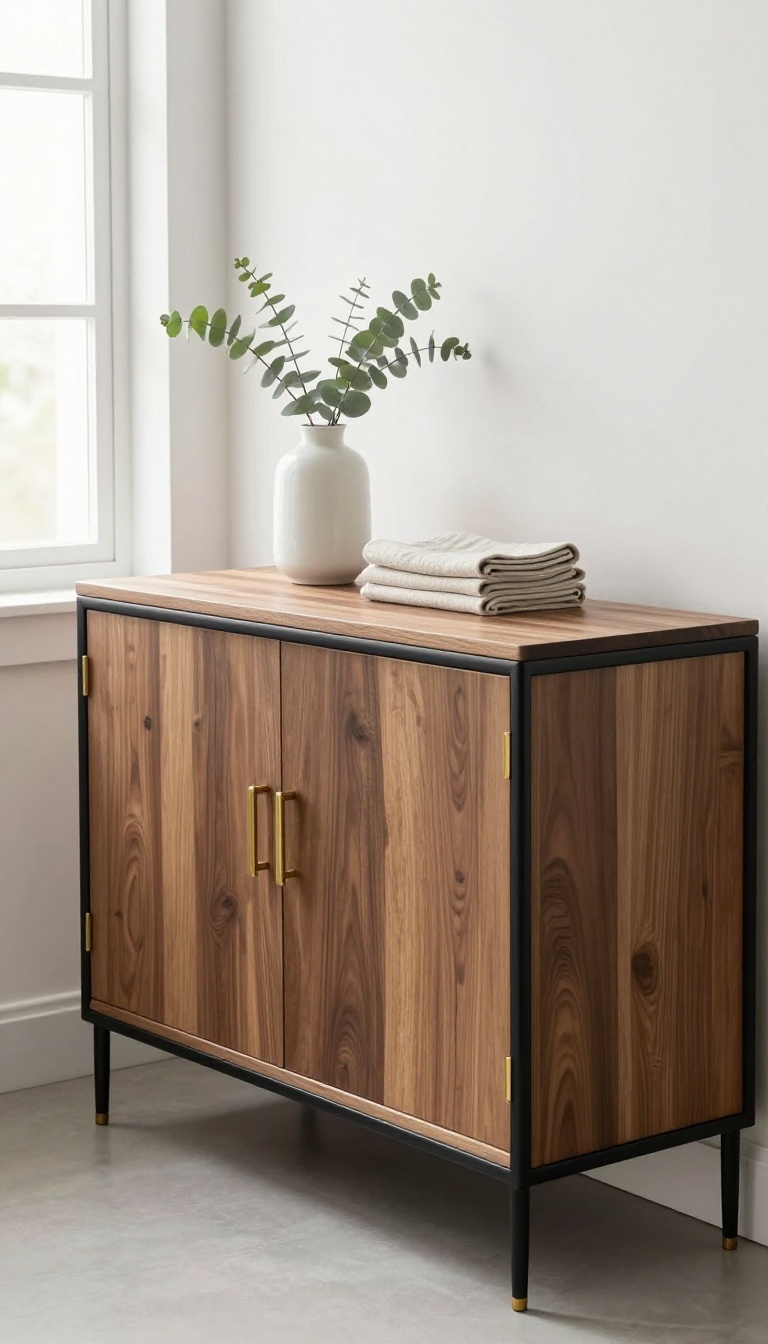 Kitchen sideboard with wood and metal mixed materials, styled with eucalyptus and linen napkins