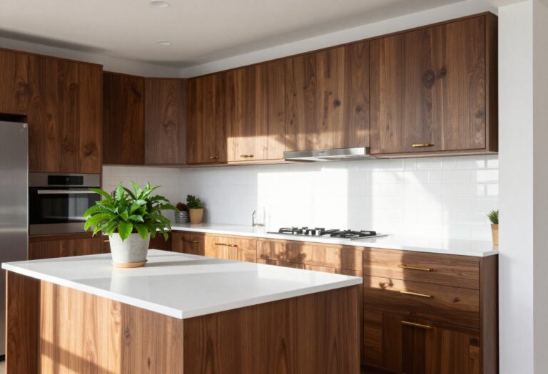 Modern kitchen with dark wood cabinets and light countertops